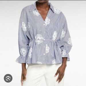 Gracia Striped Blue and White Floral Button Down Shirt